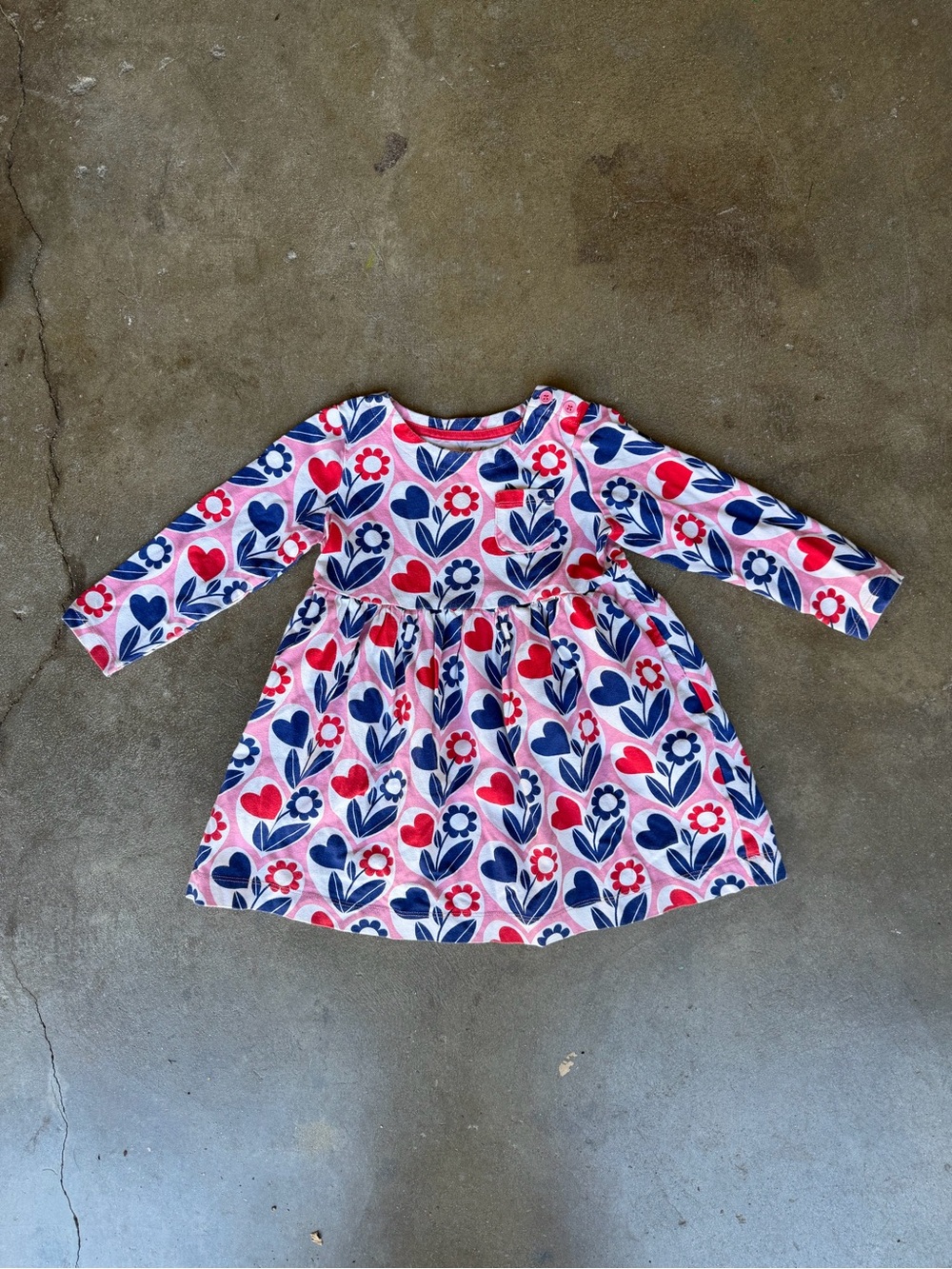 Mini Biden- Girls Pink Floral Heart Long-Sleeve Dress- Size 3-4
